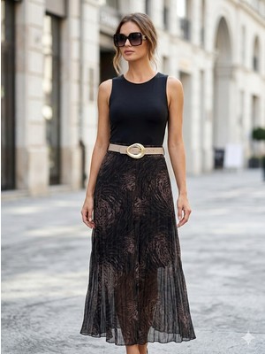 Gizelia Kadın Leopar Desenli Piliseli Uzun Krem Rengi Kalın Gold Tokalı Kemerli Etek