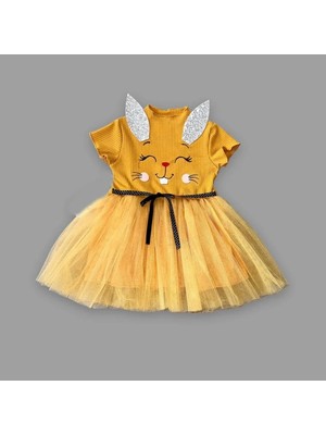 1-2-3 Yaş Payetli Kulak Tavşan Baskılı Kız Bebek Elbisesi Hardal