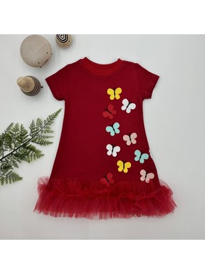 1-2-3 Yaş Renkli Kelebekler Nakışlı Eteği Fırfırlı Jile Çocuk Elbisesi Kırmızı