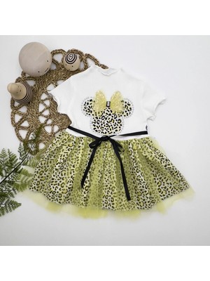 1-2-3 Yaş Fiyonklu Mickey Astarlı Etekli Kız Bebek Tütü Elbisesi Sarı-Ekru