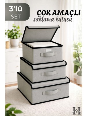 3’lü Gri Kutu Hurç Seti Kapaklı Saklama ve Organizer