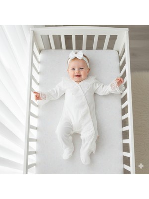 Miniday Kız Bebek Uyku Tulumu Dantelli Bandanalı %100 Cotton Ekru Nefes Alabilen Özellik