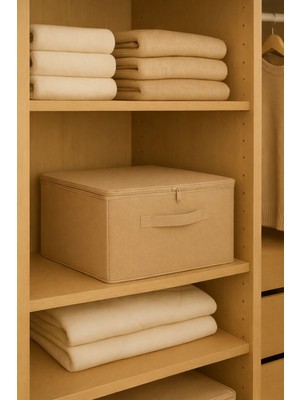 Bej Fermuarlı Hurç Saklama Kutusu 35X42X23 Cm, Dolap ve Baza Içi Düzenleyici