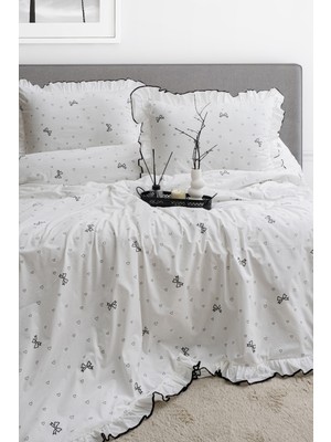 Danla Baldi Home Collection Çift Kişilik Nevresim Seti %100 Pamuklu Kalp ve Fiyonklu Süs Overloklu Fırfırlı