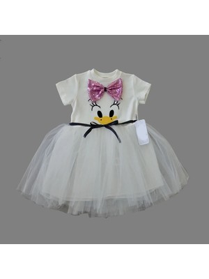 1-2-3 Yaş Payet Fiyonk Tokalı Ördek Nakışlı Astarlı Kız Bebek Tütü Elbisesi Beyaz