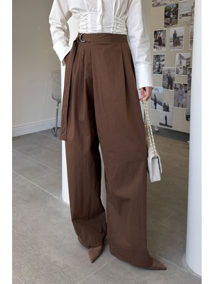 Magarde Premium Kuşaklı Bol Paça Pantolon- Kahverengi