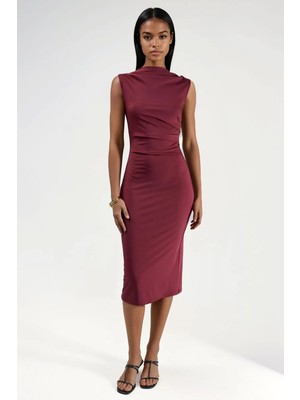 Hiccup Kadın Büzgülü Bedene Oturan Midi Elbise Bordo Kırmızı