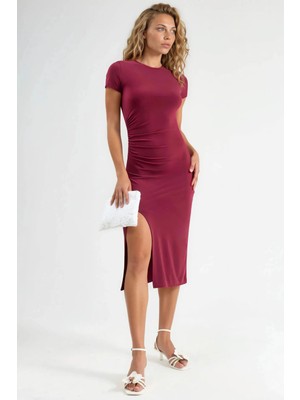 Hiccup Kadın Yırtmaç Detaylı Kısa Kollu Midi Sandy Elbise Bordo Kırmızı