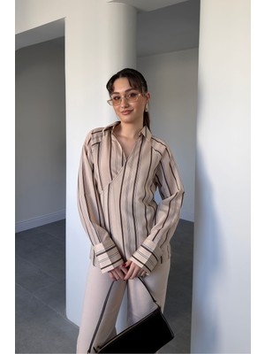 Magarde Kruvaze Premium Çizgili Gömlek- Bej