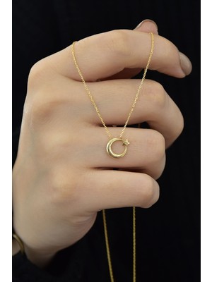 Papatya Silver 925 Ayar Gümüş Ay Yıldız Kolye.rose.gold.rodaj
