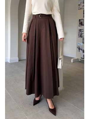Magarde Premium Pileli Poplin Kemerli Etek- Kahverengi