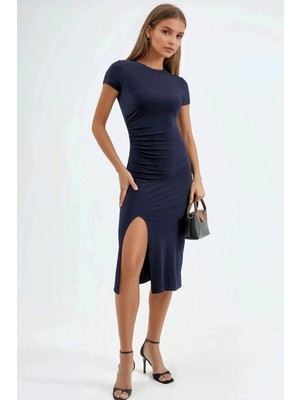 Hiccup Kadın Yırtmaç Detaylı Kısa Kollu Midi Sandy Elbise Lacivert