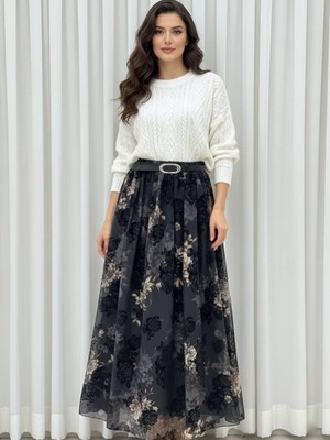 Fibula Tül Filok Baskı Bel Lastikli Astarlı Etek