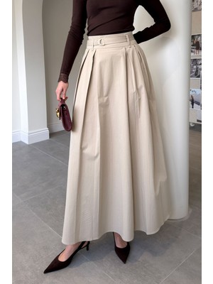 Magarde Premium Pileli Poplin Kemerli Etek- Taş