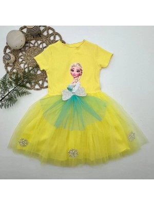 5-6-7 Yaş Elsa Desenli Fiyonklu Tül Etekli Astarlı Kısa Kollu Kız Çocuk Tütü Elbise Sarı