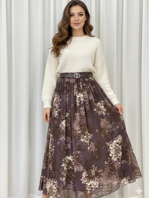 Fibula Tül Filok Baskı Bel Lastikli Astarlı Etek