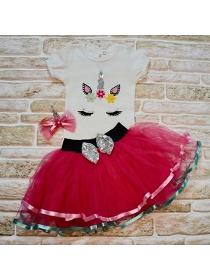 9-12-18 Ay Payetli Pony Nakışlı Tokalı Kısa Kollu Tütü Etek 3lü Kız Bebek Takımı Fuşya