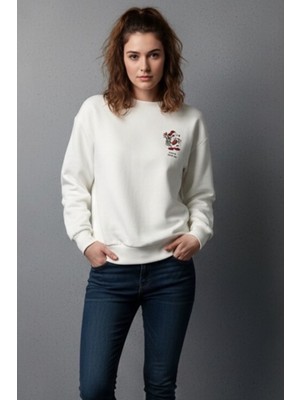 Zueofficial Kadın Rahat Kesim Beyaz Günlük Sweatshirt