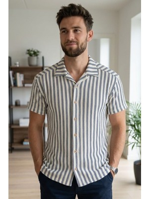 Zueofficial Erkek Jakar Kumaş Çizgili Kısa Kollu Gömlek – Mavi Çizgili,yazlık, Düğmeli, Rahat Kesim