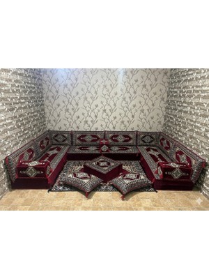 Coton Şark Köşesi Bordo Saraylı Desen 20 cm Kalınlığında Minder Takımı Konsept 18 Parça