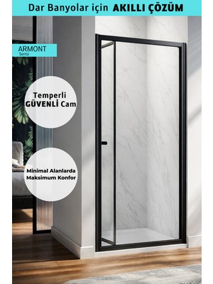 Monaqua Armont Duşakabin Ön Cephe Katlanır Akordiyon Kapı Siyah Alüminyum Profil Şeffaf Temperli Cam