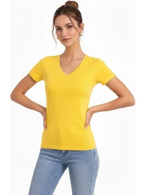 Çamaşır Kenti Tshirt V Yaka Slim Fit Likralı Tişört Günlük Basic Body