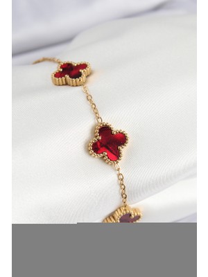 Similar Çelik Sedefli Kırmızı Gold Renk Yonca Kadın Bileklik - TJ-BB7666