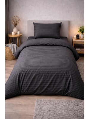 Vionetta Pamuk Saten Antrasit Çizgili Otel Serisi Lastikli Çarşaflı Tek Kişilik Nevresim Takımı