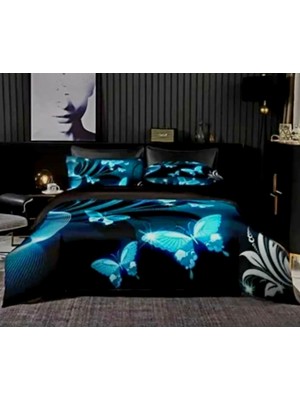 Elmas Dizayn Özel Tasarım Marka 240X260 cm 5d Çift Kişilik Nevresim Takımı Pamuk Saten Neon Kelebek Mavi Siyah