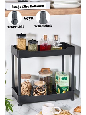 Çift Katlı Siyah Tekerlekli Mutfak ve Banyo Rafı Düzenleyici