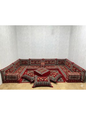 Coton Şark Köşesi Otantik Desenli Minder, Kilim, Orta Puf Takımı Konsept Kırmızı 19 Parça