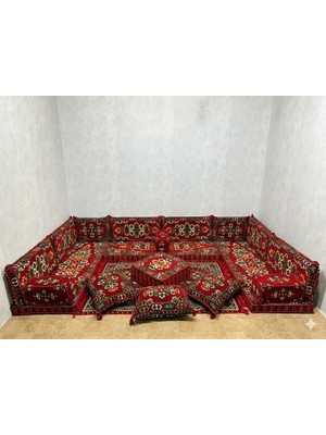 Coton Şark Köşesi Apaçi Desenli Minder, Kilim, Orta Puf Takımı Konsept Kırmızı 19 Parça