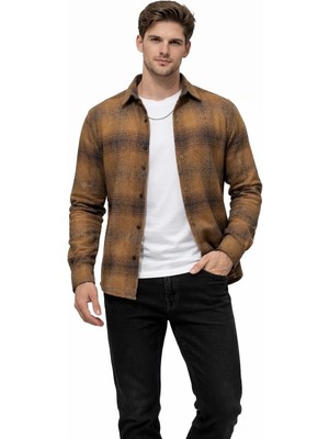 Cococan8 Erkek  Oduncu  Gömlek Slim Fit Uzun  Kol  Ekose  Desen  Açık  Kahve Akrilik Kumaş Yumuşak Dokulu