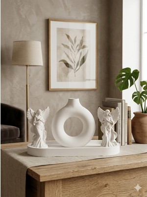 El Yapımı Taş Tozu 4’lü Dekoratif  Bohem Vazo,melek ve Tabak Seti  Modern Salon ve Ev Dekorasyon Objesi