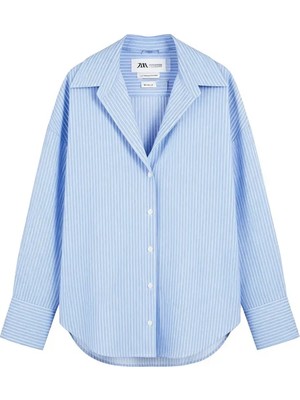 Edition Kadın Basic Gömlek Mavi İnce Çizgili Pamuk Saten Günlük Stil Oversize Kalıp