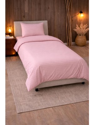 Vionetta Pamuk Saten Otel Serisi Tek Kişilik Nevresim Takımı Pudra Çizgili Lastikli Çarşaflı
