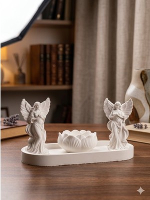 El Yapımı Taş Tozu 4’lü Dekoratif  Lotus,melek ve Tabak Seti  Modern Salon ve Ev Dekorasyon Objesi