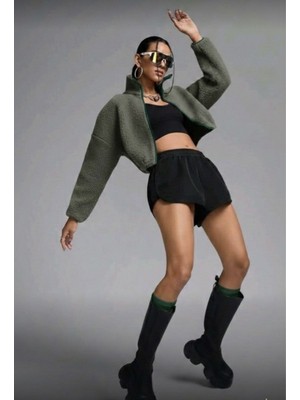 H1Style Sporcu Kuzu Kumaş Bel Üstü Peluş Mont Yeşil