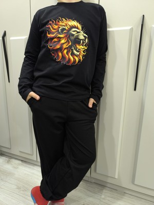 Pidal Giyim Alevli Aslan Baskılı Pamuklu Yumuşak Dokulu Uzun Kollu Erkek Çocuk Eşofman Takımı