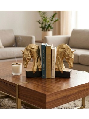Mirsa Global Dekoratif Kitap Tutucu Kübik At Figürlü Biblo 2 Li Gold Renkli (Polyester)