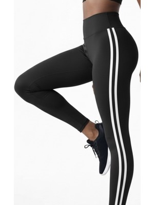 H1Style Yüksek Bel Sporcu Sıkılaştırıcı Çizgili Esnek Tayt Siyah