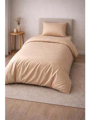 Vionetta Pamuk Saten Otel Serisi Tek Kişilik Nevresim Takımı Bej  Çizgili Lastikli Çarşaflı
