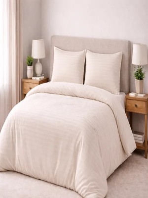 Vionetta Pamuk Saten Açık Bej  Çizgili Otel Serisi Lastikli Çarşaflı Çift Kişilik Nevresim Takımı