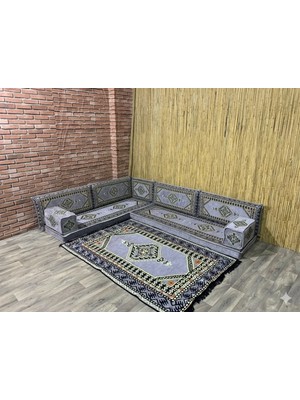 Coton Şark Köşesi Minderi Saraylı Desenli 120x180 cm Kilim Takımı Konsept Gri 10 Parça