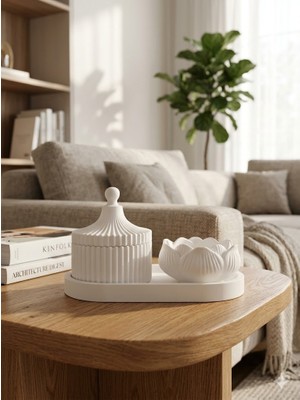 El Yapımı Taş Tozu 3’lü Dekoratif  Lokum,lotus ve Tabak Seti  Modern Salon ve Ev Dekorasyon Objesi