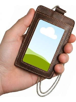 Huggy Craft Hakiki Deri Kahverengi Kartlık, Pvc Kart Kılıfı, Boyun Askılığı