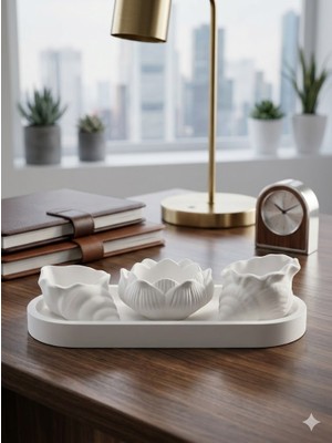 El Yapımı Taş Tozu 4’lü Dekoratif  Lotus,deniz Kabuğu ve Tabak Seti  Modern Salon ve Ev Dekorasyon Objesi
