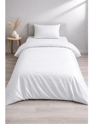 Vionetta Pamuk Saten Beyaz Çizgili Otel Serisi  Lastikli Çarşaflı Tek Kişilik Nevresim Takımı
