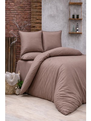 Vionetta Pamuk Saten Kahve Çizgili Otel Serisi Lastikli Çarşaflı Çift Kişilik Nevresim Takımı