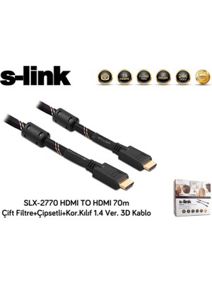 S-Link SLX-2770 HDMI To HDMI 70M Çift Filtre+Çipsetli+Kor.kılıf 1.4 Ver. 3D Kablo